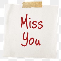 Miss you png word, torn paper digital sticker in transparent background
