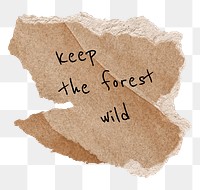 Deforestation png quote, DIY torn paper craft clipart, keep the forest wild, transparent background