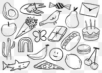 Png cute doodle, drawing illustration, transparent background set