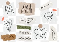 Cute png sticker doodle, torn paper, transparent background set