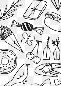 Cute doodle png pattern, black & white hand drawn design on transparent background 