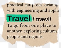 Travel png dictionary word sticker, Ephemera typography, transparent background