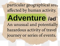 Adventure png dictionary word sticker, Ephemera typography, transparent background