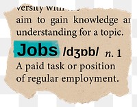 Jobs png dictionary word sticker, Ephemera typography, transparent background