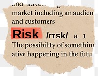 Risk png dictionary word sticker, Ephemera typography, transparent background