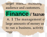 Finance png dictionary word sticker, Ephemera typography, transparent background