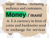 Money png dictionary word sticker, Ephemera typography, transparent background