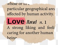 Love png dictionary word sticker, Ephemera typography, transparent background