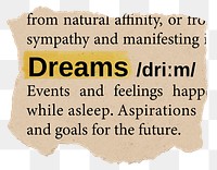 Dreams png dictionary word sticker, Ephemera typography, transparent background