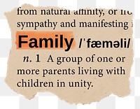 Family png dictionary word sticker, Ephemera typography, transparent background