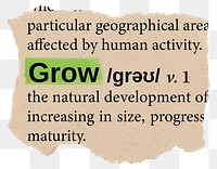 Grow png dictionary word sticker, Ephemera typography, transparent background