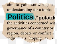 Politics png dictionary word sticker, Ephemera typography, transparent background