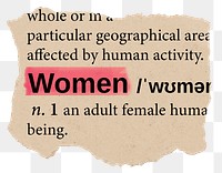 Woman png dictionary word sticker, Ephemera typography, transparent background