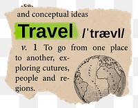 Travel png dictionary word sticker, Ephemera typography, transparent background