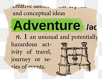 Adventure png dictionary word sticker, Ephemera typography, transparent background
