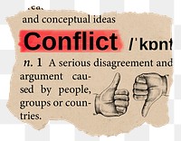 Conflict png dictionary word sticker, Ephemera typography, transparent background