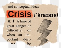 Crisis png word dictionary sticker, Ephemera typography, transparent background