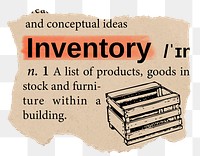 Inventory png dictionary word sticker, Ephemera typography, transparent background