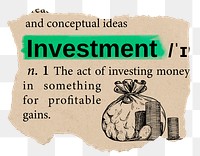 Investment png dictionary word sticker, Ephemera typography, transparent background