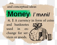 Money png dictionary word sticker, Ephemera typography, transparent background