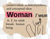 Woman png dictionary word sticker, Ephemera typography, transparent background