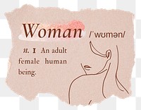 Woman png dictionary word sticker, typography in pink aesthetic, transparent background