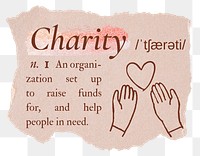 Charity png dictionary word sticker, typography in pink aesthetic, transparent background