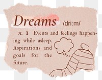 Dreams png dictionary word sticker, typography in pink aesthetic, transparent background