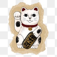 Maneki Neko cat png sticker, ripped paper, transparent background