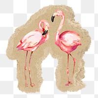 Flamingo birds png sticker, ripped paper, transparent background