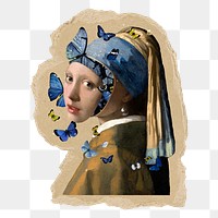 Girl with a Pearl Earring png sticker, ripped paper, transparent background, remixed by rawpixel