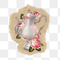 Rose coffee pot png sticker, ripped paper, transparent background