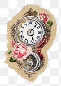Floral pocket watch png sticker, ripped paper, transparent background