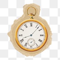 Pocket watch png sticker, ripped paper, transparent background