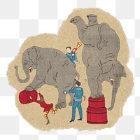 Elephants circus png sticker, ripped paper, transparent background