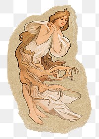 Alphonse Mucha's art nouveau woman png sticker, ripped paper, transparent background, remixed by rawpixel