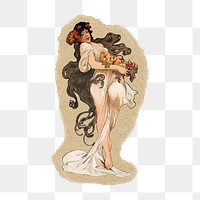 Alphonse Mucha's art nouveau woman png sticker, ripped paper, transparent background, remixed by rawpixel