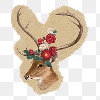 Floral stag, animal png sticker, ripped paper, transparent background