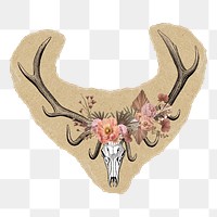 Floral stag skull png sticker, ripped paper, transparent background