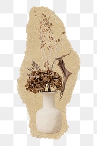 Dried flower vase png sticker, ripped paper, transparent background