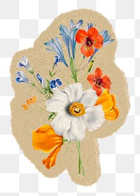 Spring flowers png sticker, ripped paper, transparent background