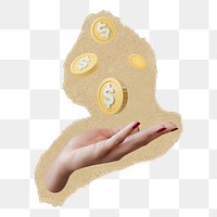 Hand presenting coins png finance sticker, ripped paper, transparent background