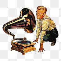 Man png listening to gramophone sticker, vintage music illustration on transparent background. Free public domain CC0 image.