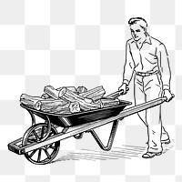 Man png with wheelbarrow sticker, vintage illustration, transparent background. Free public domain CC0 image.