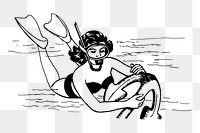 Woman diving underwater png sticker, vintage illustration, transparent background. Free public domain CC0 image.