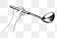 Hand holding ladle png sticker, vintage object illustration, transparent background. Free public domain CC0 image.