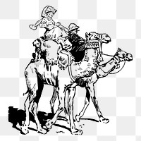 Camel riders png sticker, vintage animal illustration, transparent background. Free public domain CC0 image.