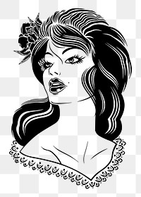 Woman portrait png sticker, vintage illustration, transparent background. Free public domain CC0 image.