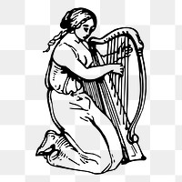 Woman playing harp png sticker illustration, transparent background. Free public domain CC0 image.