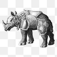 Rhinoceros armor png sticker, vintage illustration, transparent background. 